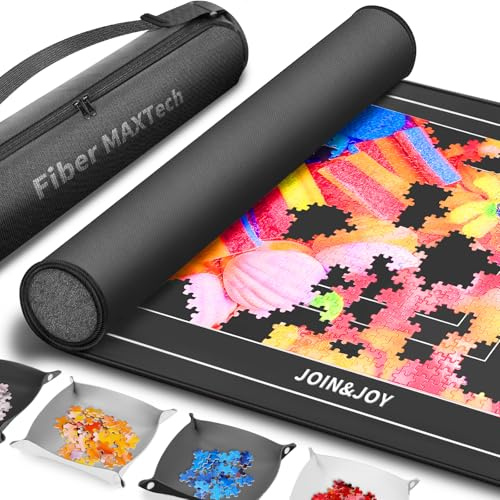 Join&Joy Jigsaw Puzzle Mat Roll Up, Rubber Saver Pad 46 x 26 , with 4 Sorting Trays & Travel Storage Bag, Portable Rollup Puzzles Keeper, Up to 1500 Pieces