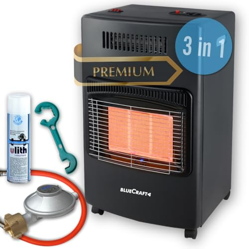 Bluecraft Heizofen Gas 4,2 kW + Gasschlauch Druckregler Gasregler Schlüssel | Infrarot Heizstrahler, Gasheizofen für Innenräume, Gasheizer, Notofen, Camping Heizung, Notheizung für Gasflasche 5kg 11kg