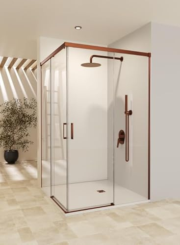 Mice - Mampara de Baño Entrada Vértice 2 Paneles Fijos y 2 Correderas-Cristal Templado 6mm-Corredera de Aluminio-Mampara de ducha con cierre Magnético (Oro Rosa Cepillado, 80 x 195)