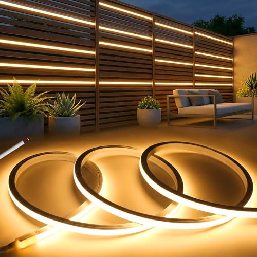 KSIBNW 12V LED Streifen 2M, Silikon Neon LED Strip Warmweiß 3000K, Wasserdicht IP65 Lichtband Aussenbereich 10mm Breite Flexibles Schlauch Led Band für Außen Innen Küche DIY Dekoration, Ohne Netzteil