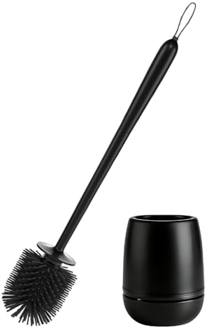 Escobilla de baño negra de acero inoxidable, escobilla de silicona, soporte para escobilla de inodoro, limpieza profunda, cepillo con bandeja higiénica