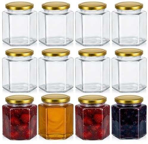 saerryor 12 Pack Hexagonal Glass Jars With Lids 380ml Airtight Pickling Jar | Glass Jam Jars, Air Tight Jars, Preserve, Multi-Purpose Storage, Spice, Pickle, Honey, Candle, Coffee, Chutney, Fruit, Oats