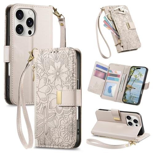 VEEMOS Phone Case for Apple iPhone 15 Pro Case with Zip Wallet Purse Card Holder Slot Embossed Flower Design Folding Flip Cover Leather Stand Lanyard Wrist Strap Women - Grey