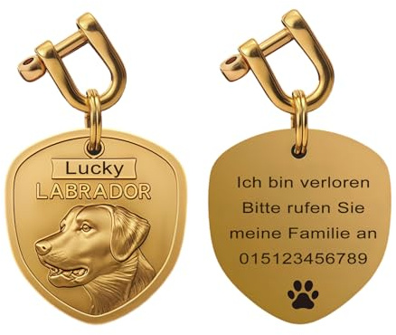 Personalisierte Hundemarke aus Messing mit Gravur – 3D-Relief Hunderassen Portrait, beidseitig gravierbarer, Namensanhänger Adressanhänger Hund ID Tag für Hunde (Labrador Retriever)