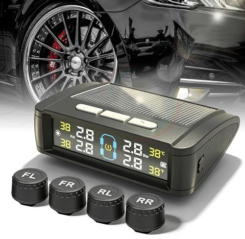 TPMS Reifendruckkontrollsystem mit 4 Wasserdicht IPX7-Reifendrucksensoren, Fahrzeug & Temperaturalarm, Solarladung und USB-Ladefunktion, Digitalanzeige, 0-6 Bar Hochpräzises für Auto, RV LKW Van SUV