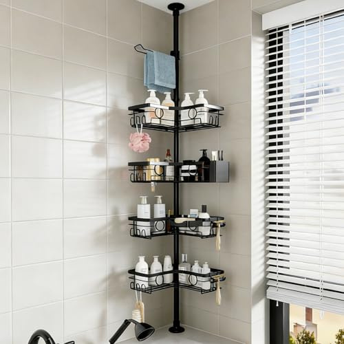 Teleskop Duschablage Ohne Bohren mit Seifenschalen, Höhenverstellbar Badezimmer Ecke Duschregal, Shampoo Halterung für Dusche, Schwarz Bad Organizer Regal, Teleskopregal für Badewanne & Küche Eckregal