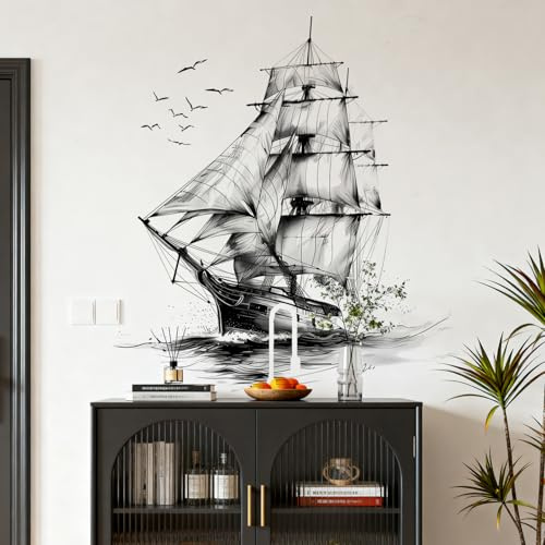 WandSticker4U®- Wandtattoo SEGELSCHIFF Schwarz Weiß (72x72 cm) I Vintage Wandsticker Segel Boot Schiff Ozean Meer I Maritim Wand Deko Aufkleber Wohnzimmer Schlafzimmer Badezimmer Küche Flur Büro