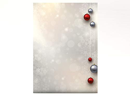 Weihnachtsbriefpapier | Weihnachtskugeln Rot und Silber | 100 Blatt weihnachtliches Motivpapier DIN A4 | Briefpapier
