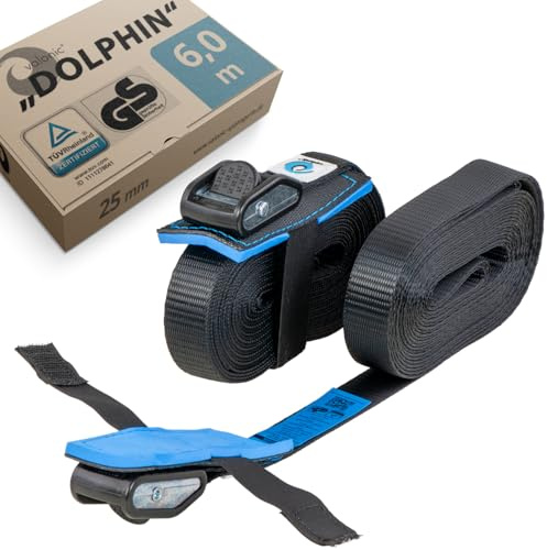 valonic Dolphin - 2X 6m Spanngurte mit Polster, Blaue Fahne, 25mm, 500kg, TÜV Rheinl. / GS Zertifiziert, EN-12195-2 - Spanngurt mit Klemmschloss für Auto Dachbox, SUP Board, Kajak, schwarz
