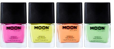 Neon UV Nail Polish by Moon Glow - Pastel Set of 4 - Bright Neon Nail Varnish - Glows under UV - 10ml