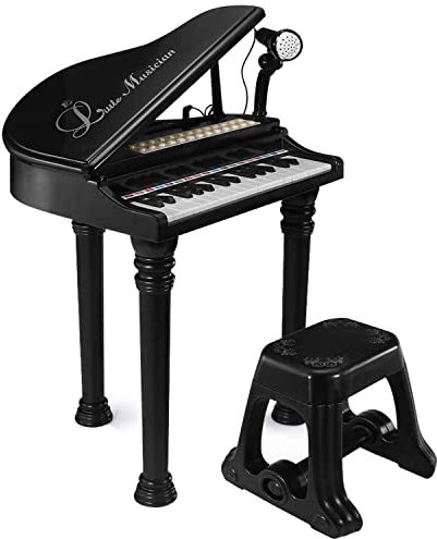 The Magic Toy Shop Black Piano Keyboard for Kids with Stool & Microphone – 31 Keys, LED Lights, Playback, 22 Demo Songs – Small Electric Grand Piano – Musical Instruments for Girls & Boys