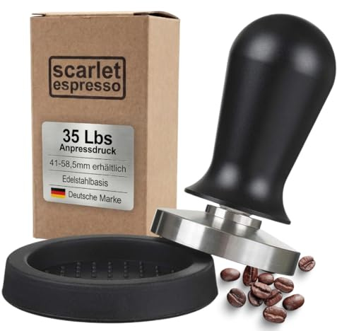 scharlakansröd espresso perfetto manipulering för barista; kalibrerad till 18 kg kontakttryck; med ergonomisk, svart anodiserat aluminiumhandtag och precisionstillverkad rostfri stålbas; tung design set 58 mm + puck