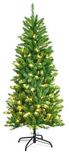 COSTWAY 150/180/210cm Bleistift Weihnachtsbaum mit warmweißen LED-Leuchten, künstlicher Tannenbaum mit Klappsystem und Metallständer, Christbaum PVC Nadeln, Kunstbaum Weihnachten Grün (150cm)