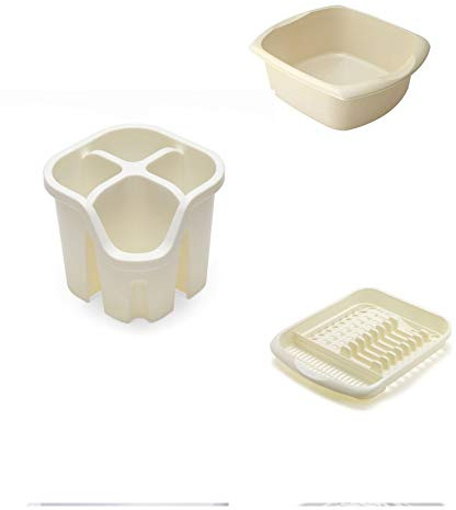 Galleries Set of 3 Plastic Dish Drainer Plate Rack/Rectangular Bowl With Caddy (Cream)
