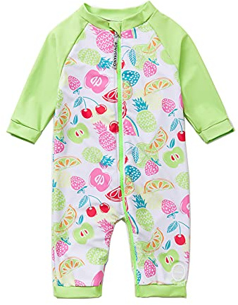 BONVERANO Bañador de una pieza para niña pequeña con cremallera extra larga, gorro de baño, protección UV 50+, Frutas., 24 meses