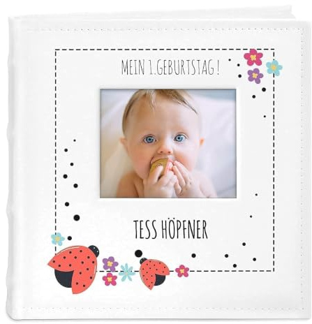 Maverton Einsteckalbum + mit Aufdruck - für 200 Fotos 10x15-100 weiße Seiten - Größe 21x22cm - Weiß - Geschenk für Kind zur Geburt Taufe zum Geburtstag - Marienkäfer