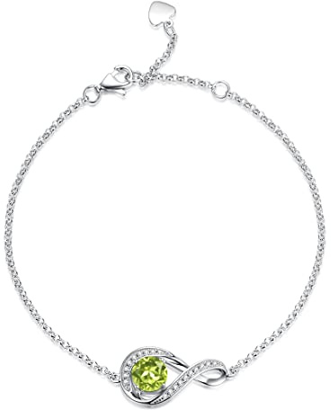 Gemlanto 925 sterling silver armband Oändlighet Skapade Peridot Augusti Födelsesten Länkarmband för kvinnor Dotter Danity Födelsedagsjubileum Smyckespresenter till sin mamma, justerbar kedja 17+1,5+1,5 cm