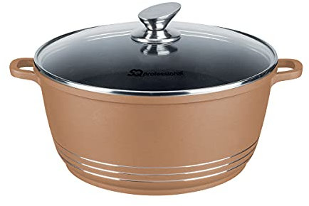 SQ Professional NEA Die-Cast Aluminium Stockpot with Lid 3-Layer Non-Stick Coating - Stew pots - Tempered Glass Lid with Steam Vent Casserole pan (Copper, 32cm)