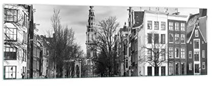 Panorama Bilder auf Glas 160x50cm Glasbild Schwarzweiß Amsterdam Boote Groß XXL Wanddeko Bild im Glas Schlafzimmer Küche Wandbilder Dekoration Wohnzimmer Modern Wand Kunstdruck Art GAB160x50-4436