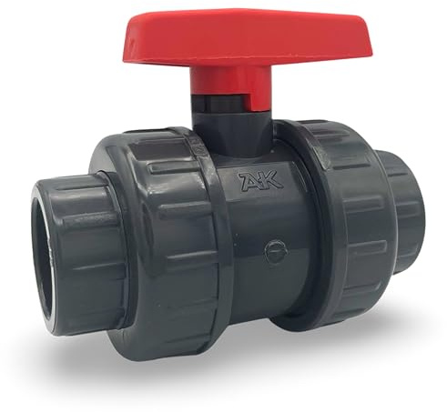 AK PVC Kugelhahn 50mm, 16 bar, Chlor & Salzwasserbeständig, für Poolbau - mit 2x Klebeverschraubung und gesicherter Kugel, Typ Safe 600