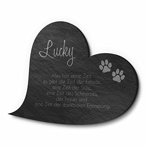 Hunde | Katzen Grabstein in Herz Form mit Wunsch Gravur - Tier Gedenkstein Hund 18x13 cm | Katze - wetterfest imprägnierte Grabplatte für Tiere aus Schiefer Grabschmuck Grab Tiergrab Hundegrab