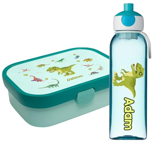Ferocity Lunchbox Set für Kinder Jungen zur Schule Personalisiert mit Namen Brotdose Wasserflasche Trinkflasche BPA frei Essen für Unterwegs mit Gabel und Bento Fach To Go Dino [153]
