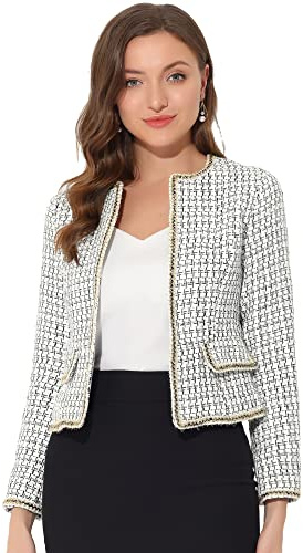 Allegra K Veste Courte en Tweed à Carreaux pour Femme Costume d'halloween Argent L