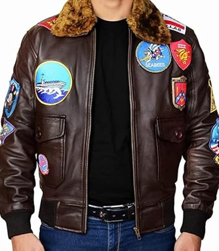 Jild Aviator Multiple Patches Cruise Genuine Leather Jacket Men - G1 USAAF Pilot Fur Collar Maveric Bomber Leather Jacket (Brn-M)