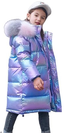 Lengender Shiny Surface Down Jacket Girl's Warm Winter Autumn Parka with Hood Faux Fur Ski Snow (Purple, 120)
