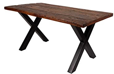 SAM Esstisch Ramon 200x100 cm recyceltes Altholz 50 mm X-Gestell schwarz | Rough Wood Platte, massiver Esszimmertisch, Metallgestell, Holztisch