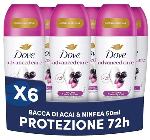 Dove, Deodorante Roll On Advanced Care Açai, Antitraspirante, Formula Delicata Con Tripla Azione Idratante, Protezione Fino a 72 Ore, Unisex, 6 Pezzi da 50 ml