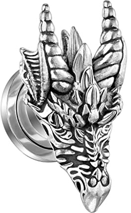 beyoutifulthings Ohr-Tunnel Silber Drachen-Kopf Ohr-Piercing Ohr-Schmuck Plug Screw Fit Schraub-Verschluss 6-12mm