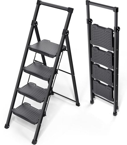 KINGRACK Scaletta 4 Gradini, Scala Pieghevole con Pedale Largo Antiscivolo e Corrimano di Sicurezza, Scala Domestica in acciaio Portata 400 kg, Sgabello Portatile Leggera per Cucina Casa Ufficio, Nero