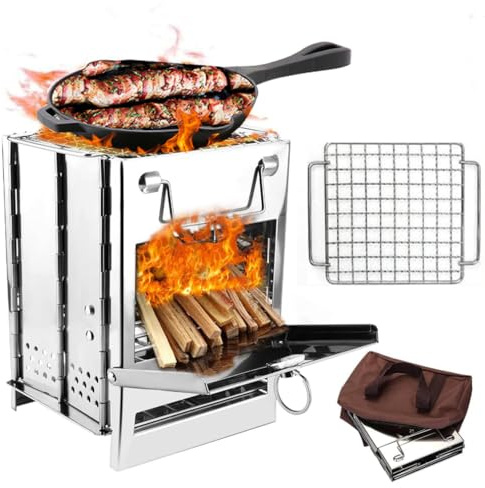 Camping Wood Burning Stove, Portable Folding Camp Stove Collapsible Backpacking Stove Stainless Steel Campfire Stove for Outdoor Cooking Picnic Hiking BBQ (Sliver-Small)
