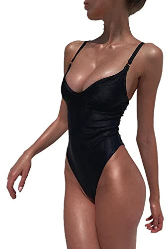 BKEPDY Costume Intero Donna Sexy Costume Intero con Controllo della Pancia Costumi da Bagno Donna con Scollo a V Profondo con Spalline Regolabili Senza Schienale Bodysuit Nuoto (Nero M)