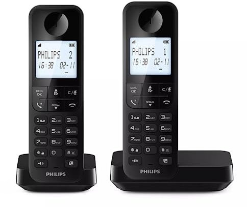 Philips Duo D2702B Schnurloses Festnetztelefon, 11,6 cm (4,6 Zoll), vertikales Mikrofon, Freisprecheinrichtung, bis zu 14 Stunden, optimierte Antenne, Zwei Telefone, Schwarz