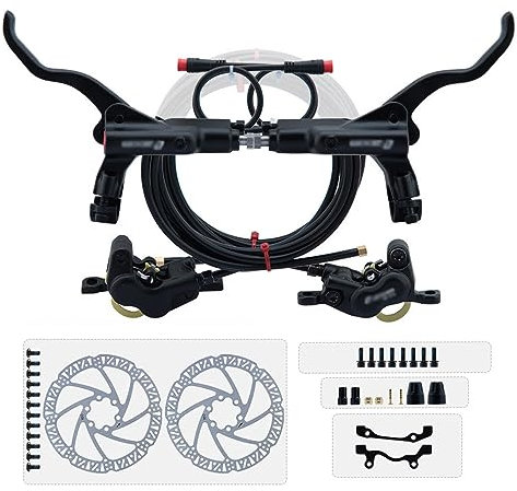 MIRODO Hydraulisches E-Bike-Scheibenbremsen-Set 2-polige 4-Kolben-Power-Off-Hydraulikbremse Mit Montageadapter 2300-mm-Schlauch Und 160-mm-Rotoren (Color : Black)
