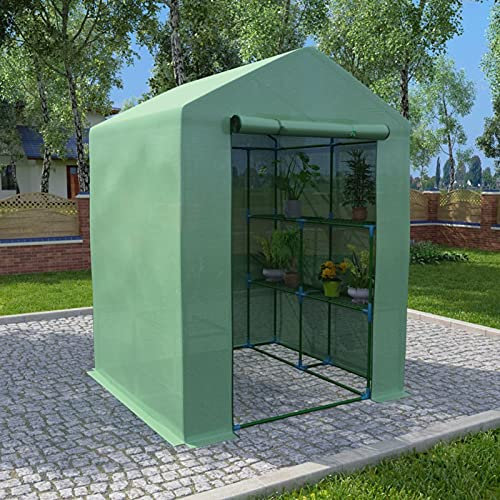 Homgoday Gewächshaus mit Ablagen Foliengewächshaus Treibhaus Tomatenhaus Pflanzenhaus Anlehngewächshaus Frühbeet Patzsparend Balkon Garten Terrasse Stahl 143x143x195 cm