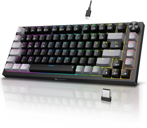 KOORUI Mekaniskt tangentbord, speltangentbord trådlös/trådbunden/Bluetooth 26 RGB uppladdningsbart 4 000 mAh batteri 82 knappar, tysk layout QWERTZ för Windows MacOS Linux-brun-omkopplare