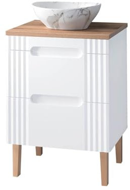 EINFACH GUTE MÖBEL Badezimmer Waschplatz Frasciati 60cm | strahlend weiße Badmöbel mit Eiche-Akzenten | (60cm Aufsatz-Waschbecken STEHEND)
