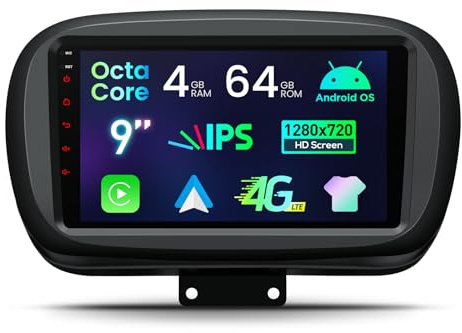 XTRONS Android Autoradio für FIAT 500X 2015-2020, 9 Zoll IPS Bildschirm 8-Core 4GB 64GB Autoradio mit Navi, Integriertes 4G Car Play Android Auto DSP Bluetooth 5.0 WiFi Optional DAB OBD TPMS DVR