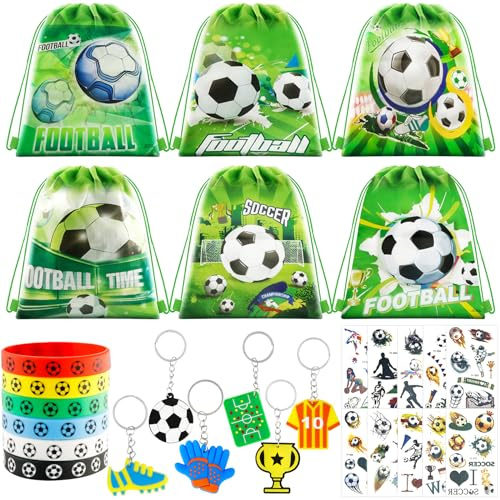 Ourdort Fußball Party Mitgebsel Kinder,mit 6 Fußball Taschen Kordelzug | 6 Silikonarmband,6 Fußball Schlüsselanhänger,10 Fußball Tattoos,Fußball Geschenke für Jungs