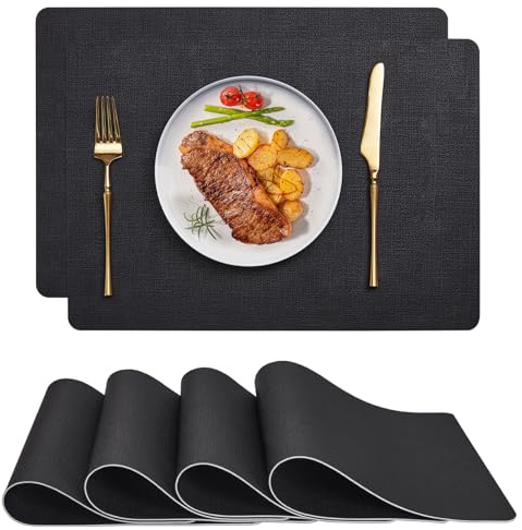 Myir JUN Sets de Table américains lavables, Sets de Table américains Double Face antidérapant imperméable Petit déjeuner en Plastique Facile à Nettoyer Sets de Table américains (Lot de 4, Noir/Noir)