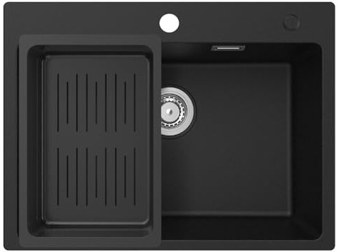 CECIPA Lavandino Cucina Nero in Granito 60 x 45cm, Lavello Cucina 1 Vasca con Colino Cestello, Lavabo Cucina per Armadio da Cucina da 60cm, con Sifone Classico e troppopieno