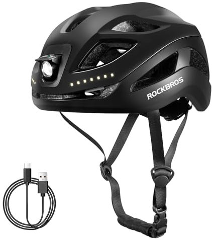 ROCKBROS Fahrradhelm mit Licht, MTB Helm Herren Damen mit USB 1800 mAh Atmungsaktiv 58-60 cm Schwarz