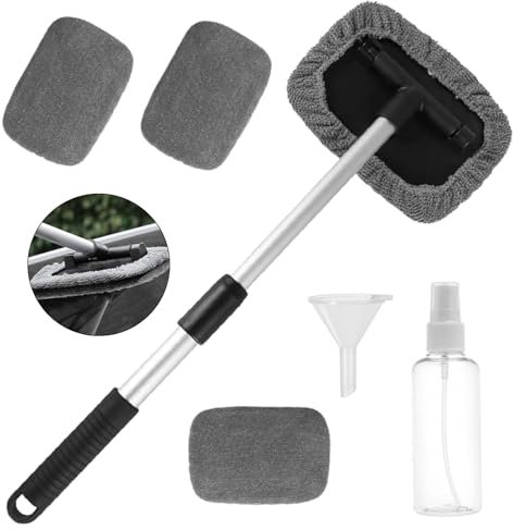 ZIGefofo Limpiador de parabrisas de coche telescópico con 4 almohadillas de microfibra para parabrisas, herramienta de limpieza, herramienta de limpieza de microfibras para ventanas de coche,