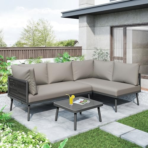 Dolamaní Gartenmöbel Set 3-teiliges(2X 2-Sitzer-Sofa,1x Tisch), Garten Lounge Set aus Eisen, L-förmiges Lounge möbel Outdoor aus Seil mit Sitzkissen, verstellbaren Füßen (Grau)