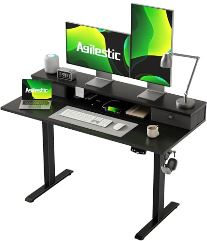 Agilestic Höhenverstellbarer Schreibtisch mit 2 Schubladen | Schreibtisch elektrisch 120 x 60 cm, Gaming Schreibtisch mit 2 Speicherplätzen, Computertisch für Homeoffice, Schwarz