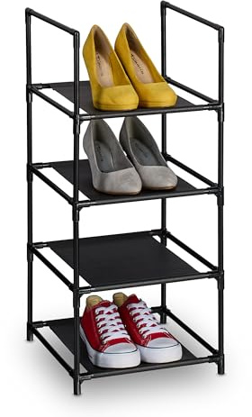 Relaxdays Zapatero 4 Baldas, Estante Zapatos Estrecho, Organizador Calzado Tela y Metal, 72 x 33 x 33 cm, Negro y Gris