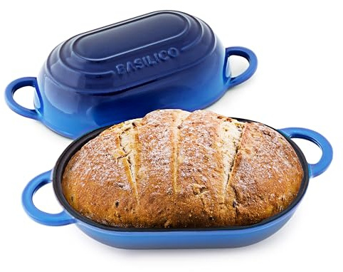 Emaljerad gjutjärn brödugn (blå), non-stick enkel limpa gjutjärn brödpanna med lock, enkel hemlagad surdeg holländsk ugn med lock, ugnssäker hantverksbröd bakpanna, gjutjärn brödform med lock
